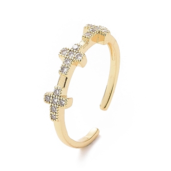 Clear Cubic Zirconia Cross Open Cuff Ring, Brass Jewelry for Women, Golden, Inner Diameter: 17.6mm