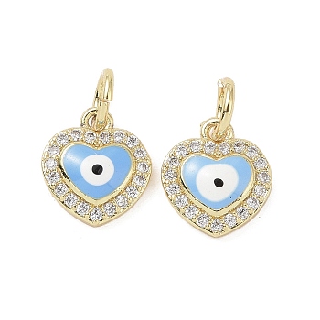 Real 18K Gold Plated Brass Micro Pave Cubic Zirconia Pendants, with Enamel and Jump Ring, Heart with Evil Eye Charms, Light Blue, 10.5x9x2.5mm, Hole: 4mm