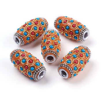 Handmade Indonesia Beads, with Metal Findings and Resin Cabochons, Platinum & Golden, Oval, Orange, 32x16.5~17mm, Hole: 4.5mm