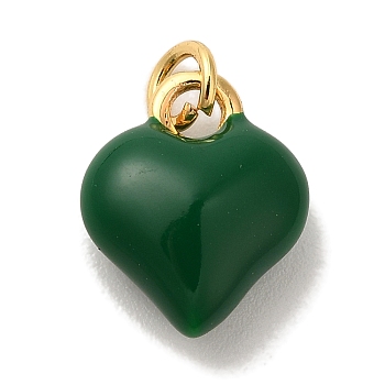 Brass Enamel Charms, with Jump Ring, Real 18K Gold Plated, Cadmium Free & Lead Free, Heart Charm, Dark Green, 11.5x9.5x4.5mm, Hole: 2mm