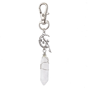 Pointed Natural Quartz Crystal Pendant Decorations, with Alloy Pendants and Swivel Lobster Claw Clasps, Fairy and Bullet, 87mm