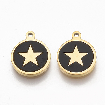 304 Stainless Steel Pentacle Charms, with Black Acrylic, Flat Round with Star, Golden, 12x10x1.5mm, Hole: 1.2mm