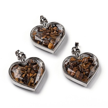 Glass Bottle Pendants, with Natural Tiger Eye Chips and Platinum Plated Alloy Findings, Heart, 40x32.5x11mm, Hole: 8x5mm