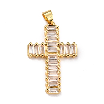 Brass Micro Pave Clear Cubic Zirconia Pendants, Cross, Real 18K Gold Plated, 30.5x19.5x3mm, Hole: 5x3mm