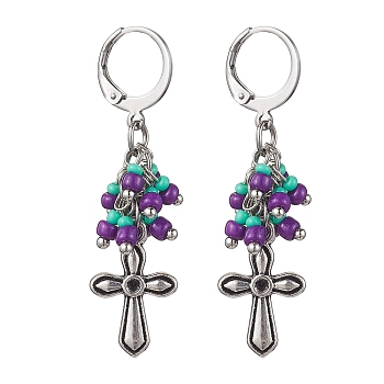 Tibetan Style Alloy Dangle Leverback Earrings, Glass Seed Cluster Earrings, Cross, 45mm