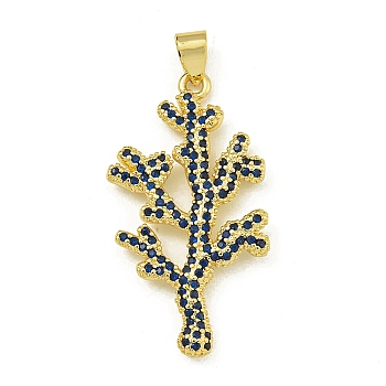 Rack Plating Brass Pave Cubic Zirconia Pendants, Lead Free & Cadmium Free, Real 18K Gold Plated, Marine Blue, 38x20.5x3.5mm, Hole: 5.5mm