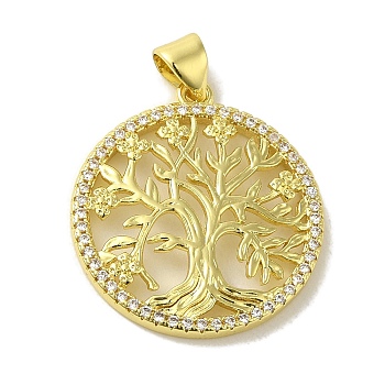 Brass Micro Pave Cubic Zirconia Pendants, Real 18K Gold Plated, Round with Tree of Life, Real 18K Gold Plated, 24.5x22x3mm, Hole: 5x3.5mm