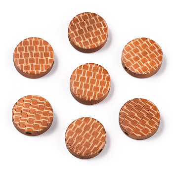 Painted Natural Wood Beads, Laser Engraved Pattern, Flat Round, Chocolate, 15x5mm, Hole: 1.8mm