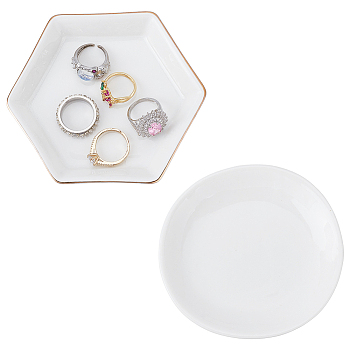 2Pcs 2 Styles Porcelain Jewelry Plate, Storage Tray for Rings, Necklaces, Earring, Square & Round, White, 103.5~105x98.5~104x16~27mm, 1pc/style