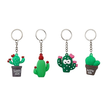 Cartoon Cactus PVC Plastic Keychain, with Iron Split Key Rings, Green, 10.1~11.15cm