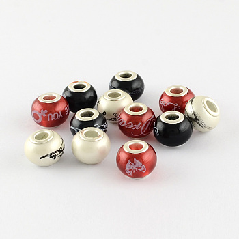 Rondelle Spray Painted Glass European Large Hole Beads, with Pattern Printed and Double Silver Color Plated Brass Cores, Mixed Color, 11.5x14mm, Hole: 5mm