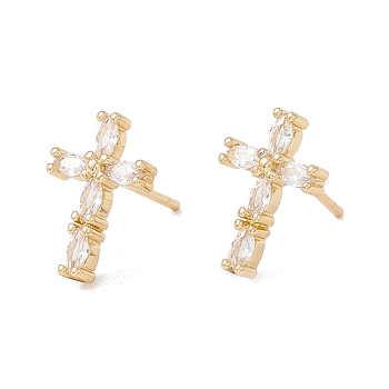 Clear Cubic Zirconia Cross Stud Earrings, Brass Jewelry for Women, Lead Free & Cadmium Free, Real 18K Gold Plated, 14x10mm, Pin: 0.8mm