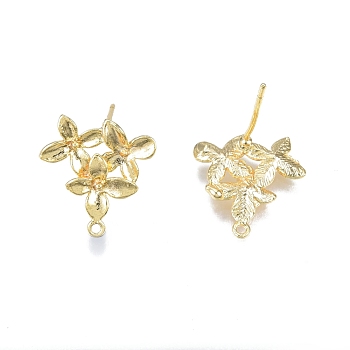 Brass Flower Stud Earring Findings, with Horizontal Loops, Nickel Free, Real 18K Gold Plated, 15x14mm, Hole: 1mm, Pin: 0.7mm