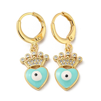 Real 18K Gold Plated Brass Dangle Leverback Earrings, with Enamel and Cubic Zirconia, Heart with Evil Eye, Cyan, 30x11mm
