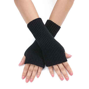 Acrylic Fibers Knitting Long Fingerless Gloves, Arm Warmer, Winter Warm Gloves with Thumb Hole, Black, 200x70mm