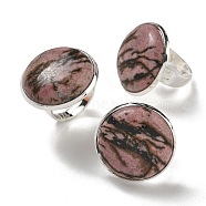 Natural Rhodonite Round Adjustable Rings, Lead Free & Cadmium Free, Silver Plated Brass Finger Rings for Women Men, Round: 28mm, Inner Diameter: 18mm(RJEW-K371-09S-30)