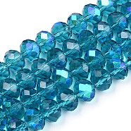Electroplate Glass Beads Strands, Half Rainbow Plated, Faceted, Rondelle, Steel Blue, 4x3mm, Hole: 0.4mm, about 123~127pcs/strand, 16.5~16.9 inch(42~43cm)(EGLA-A034-T4mm-L25)