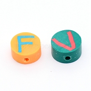 Handmade Polymer Clay Colours Beads, Flat Round with Letter, Colorful, 10x4.5mm, Hole: 1.8mm, 100pcs/bag(CLAY-TAC0002-02B)