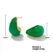 Cute Stainless Steel Vintage Teardrop Geometric Stud Earrings for Women, Golden, Green, 23x15mm(WI0864-3)