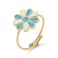 Flower 304 Stainless Steel Enamel Ring, 316 Surgical Stainless Steel Open Cuff Ring for Women, Real 18K Gold Plated, Deep Sky Blue, Adjustable(RJEW-A038-18G-05)