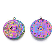 304 Stainless Steel Pendants, with Crystal Rhinestone, Flat Round with Eye, Golden, 23x21x3mm, Hole: 1.5mm(STAS-N098-165M)