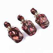Assembled Synthetic Bronzite and Imperial Jasper Openable Perfume Bottle Pendants, with Light Gold Brass Findings, Dyed, Hot Pink, Capacity: 1ml(0.03 fl. oz), 41~42x17~18x17~18mm, Hole: 1.8mm(G-S366-058F)