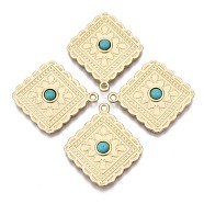 Alloy Pendants, with Synthetic Turquoise, Rhombus, Matte Style, Cadmium Free & Nickel Free & Lead Free, Real 16K Gold Plated, 31x28x4mm, Hole: 1.5mm(PALLOY-R113-17MG-NR)