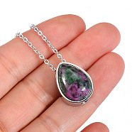 Natural Ruby in Zoisite Teardrop Urn Ashes Pendant Necklace, Stainless Steel Memorial Jewelry for Women, Stainless Steel Color, 19.69 inch(50cm)(BOTT-PW0005-24C)