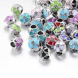 Alloy Enamel European Beads, Large Hole Beads, Rondelle with Flower, Antique Silver, Mixed Color, 9.5x9mm, Hole: 4~4.5mm(MPDL-T001-02M)