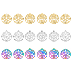DICOSMETIC 18Pcs 3 Colors 304 Stainless Steel Pendants, Flat Round with Moon & Star Tree, Mixed Color, 33.5x31x1.6mm, Hole: 2mm, 6pcs/color(STAS-DC0011-73)