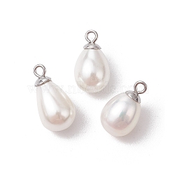 Natural Cultured Freshwater Pearl Teardrop Pendants, with 304 Stainless Steel Findings, White, Stainless Steel Color, 14~15.5x8x8mm, Hole: 1.6mm(PALLOY-JF03360)