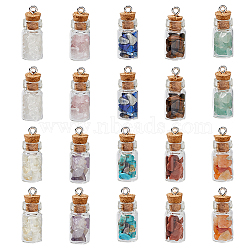 40Pcs 10 Colors Natural & Synthetic Mixed Gemstone Chip Pendants, Clear Glass Bottle Gems Charms with Platinum Tone Iron Loops, 25x10mm, Hole: 2mm, 4pcs/color(PALLOY-AB00151)