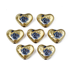 Spray Painted Opaque Acrylic Beads, Heart with Flower, Dark Khaki, 16x19x8mm, Hole: 2mm(SACR-S305-28-E01)