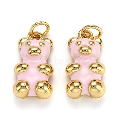 Real 18K Gold Plated Brass Pendants, with Enamel and Jump Rings, Long-Lasting Plated, Bear, Pink, 17.5x9x5mm, Jump Ring: 5x1mm, 3mm Inner Diameter(KK-L206-001B-G)