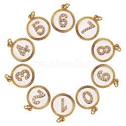 10Pcs 10 Style Brass Micro Pave Clear Cubic Zirconia Charms, Long-Lasting Plated, with Jump Rings and White Enamel, Flat Round with Number, Real 18K Gold Plated, Real 18K Gold Plated, 14.5x12x2mm, 1pc/style(ZIRC-SZ0001-53)