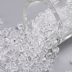 Glass Seed Beads, Transparent, Round, Round Hole, White, 6/0, 4mm, Hole: 1.5mm, about 500pcs/50g, 50g/bag, 18bags/2pounds(SEED-US0003-4mm-1)