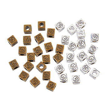 100Pcs 2 Colors Tibetan Style Alloy European Beads, Large Hole Beads, Cube with Om Symbol, Mixed Color, 8x8x8mm, Hole: 4.5mm, 50pcs/color