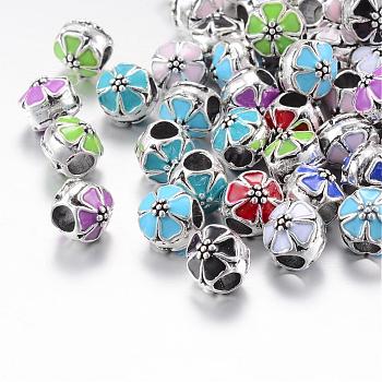 Alloy Enamel European Beads, Large Hole Beads, Rondelle with Flower, Antique Silver, Mixed Color, 9.5x9mm, Hole: 4~4.5mm