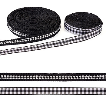 20 Yards 2 Styles Polyester Jacquard Ribbon, Tartan Ribbon and Bird Ribbon, Black, 3/8 inch(10mm), 10 yards/styles