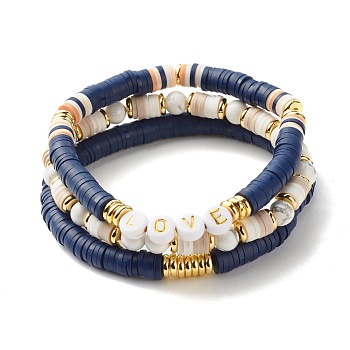 Love Beads Stacking Stretch Bracelets Set for Women, Natural Howlite & Brass Beads Energy Power Bracelets, Polymer Clay Heishi Beads Bracelets for Summer Beach, Golden, Royal Blue, Inner Diameter: 2-1/4 inch(5.6~5.8cm), 3pcs/set