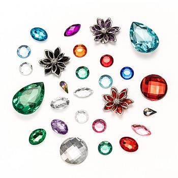 Acrylic Rhinestone Cabochons, Flat Back and Faceted, Mixed Shapes, Mixed Color, 3~30.1x7~20x1.5~20mm