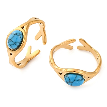 Oval Synthetic Turquoise Finger Rings, Ion Plating(IP) 304 Stainless Steel Open Cuff Rings for Women, 8mm, Adjustable