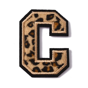Polyester Computerized Embroidery Cloth Iron On Sequins Patches, Leopard Print Pattern Stick On Patch, Costume Accessories, Appliques, Letter.C, 61x43.5x1.5mm