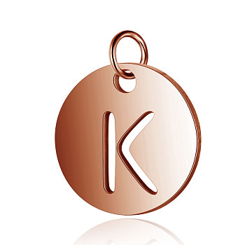 304 Stainless Steel Charms, Flat Round with Letter, Rose Gold, Letter.K, 12x1mm, Hole: 2.5mm