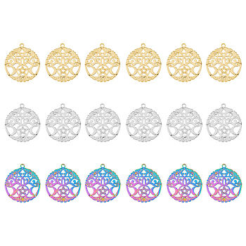 DICOSMETIC 18Pcs 3 Colors 304 Stainless Steel Pendants, Flat Round with Moon & Star Tree, Mixed Color, 33.5x31x1.6mm, Hole: 2mm, 6pcs/color