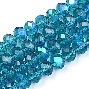 Electroplate Glass Beads Strands, Half Rainbow Plated, Faceted, Rondelle, Steel Blue, 4x3mm, Hole: 0.4mm, about 123~127pcs/strand, 16.5~16.9 inch(42~43cm)
