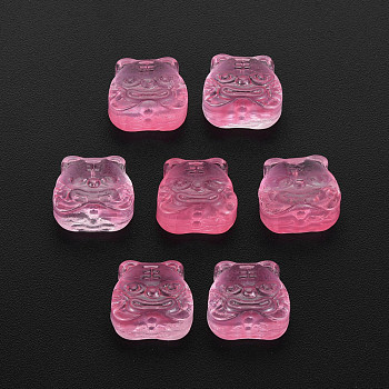 Transparent Glass Beads, Chinese Zodiac Signs Tiger, Hot Pink, 11.5x12x8mm, Hole: 1mm