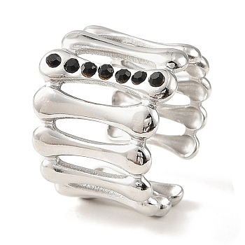 304 Stainless Steel Open Cuff Ring for Women, with Rhinestone, Stainless Steel Color, Adjustable