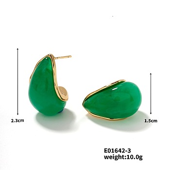 Cute Stainless Steel Vintage Teardrop Geometric Stud Earrings for Women, Golden, Green, 23x15mm