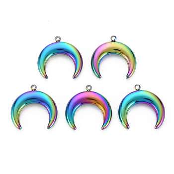 201 Stainless Steel Pendants, Double Horn/Crescent Moon Pendant, Moon, Rainbow Color, 18.5x18.5x3.5mm, Hole: 1.4mm